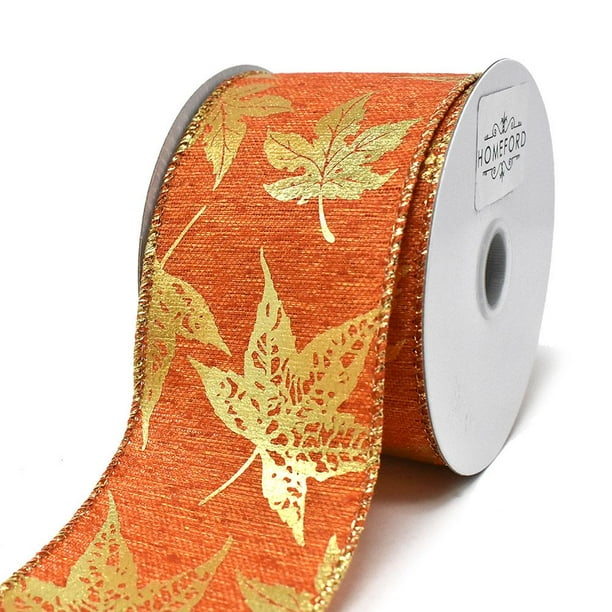 25 Feet Fall Autumn Orange Copper Glitter Leaves Wired Ribbon 2 1/2"W 25 Feet Fall Autumn Orange Copper Glitter Leaves Wired Ribbon 2 1/2"W
